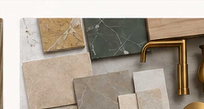 Material planning collage combining stone, tile, wood and hardware finishes